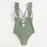 Women's One-Piece Swimsuit Ruffle V-Neck - Beach Wear