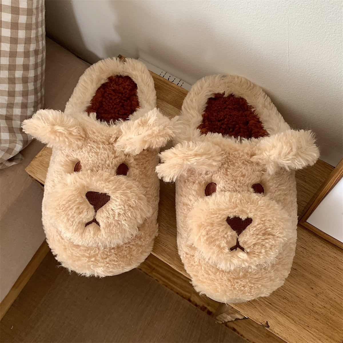 Women's Plush Bear Design Slip-On Slippers - Indoor Wear