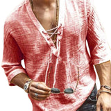 Men's Lace Up V Neck Shirt Relaxed Fit Solid Color - Casual Wear