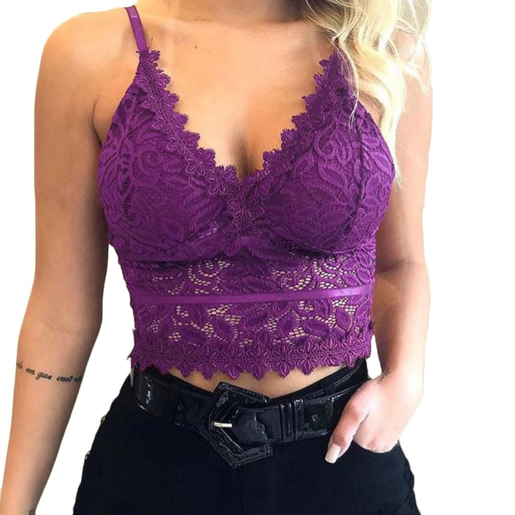 Women's Floral Lace Bralette V-Neck Crop Top - Casual Wear