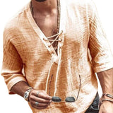 Men's Lace Up V Neck Shirt Relaxed Fit Solid Color - Casual Wear