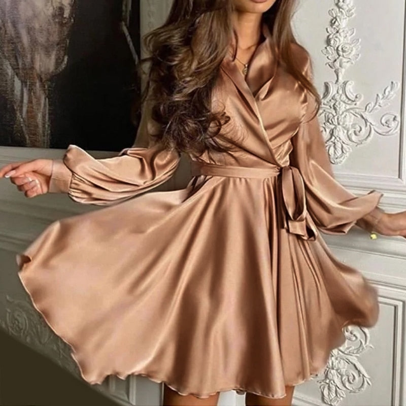 Women's Skater Dress Long Sleeve Tie Waist - Party Wear