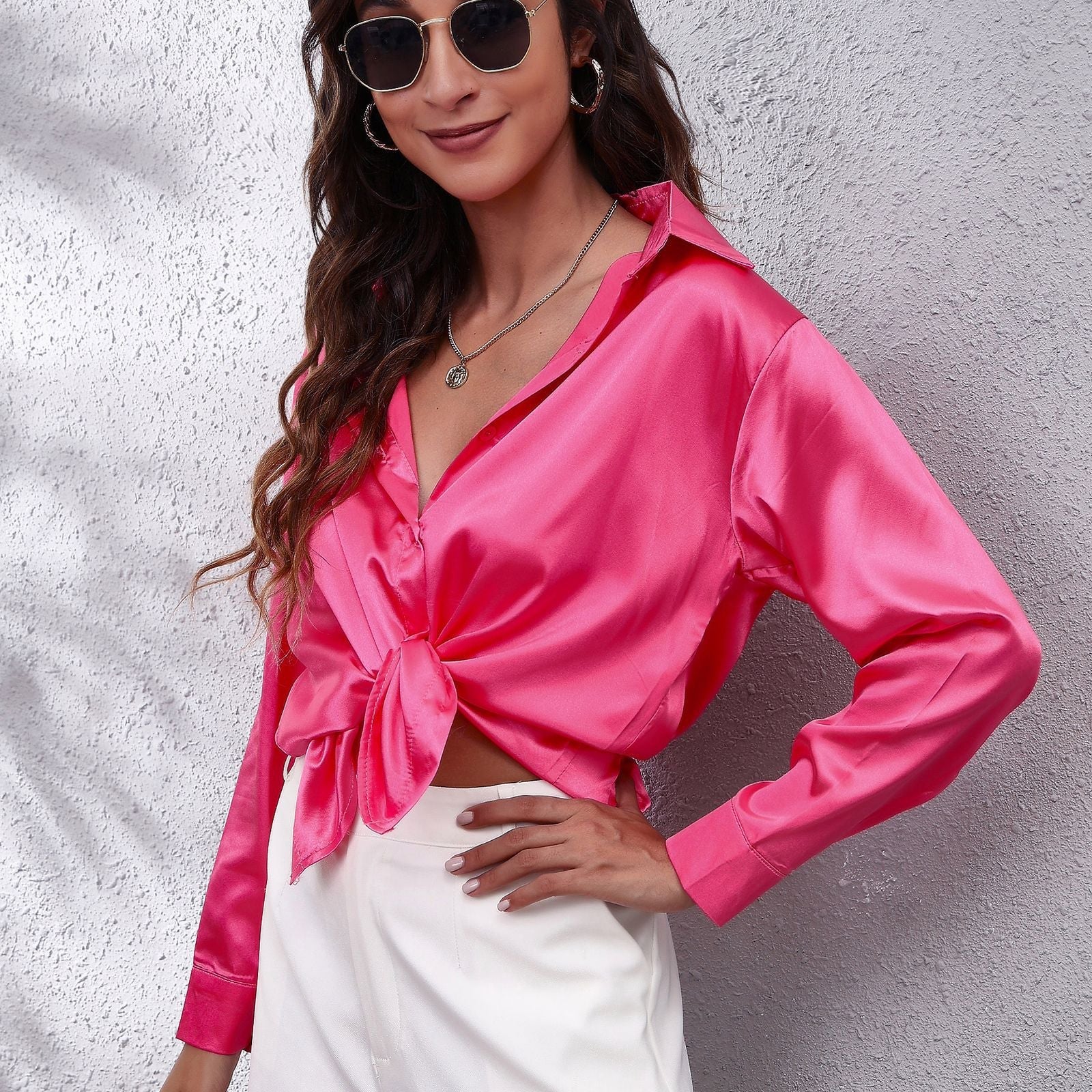 Women's Button-Down Satin Shirt - Office Wear