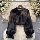 Women's Sheer Blouse 3D Rosette Detail Lantern Sleeve - Formal Occasion