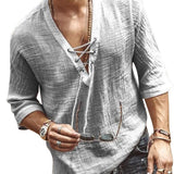 Men's Lace Up V Neck Shirt Relaxed Fit Solid Color - Casual Wear