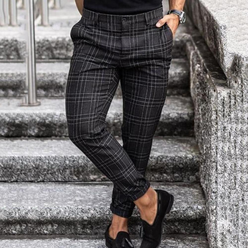 Men's Slim Fit Plaid Trousers Tapered Fit - Smart Casual Wear