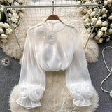 Women's Sheer Blouse 3D Rosette Detail Lantern Sleeve - Formal Occasion
