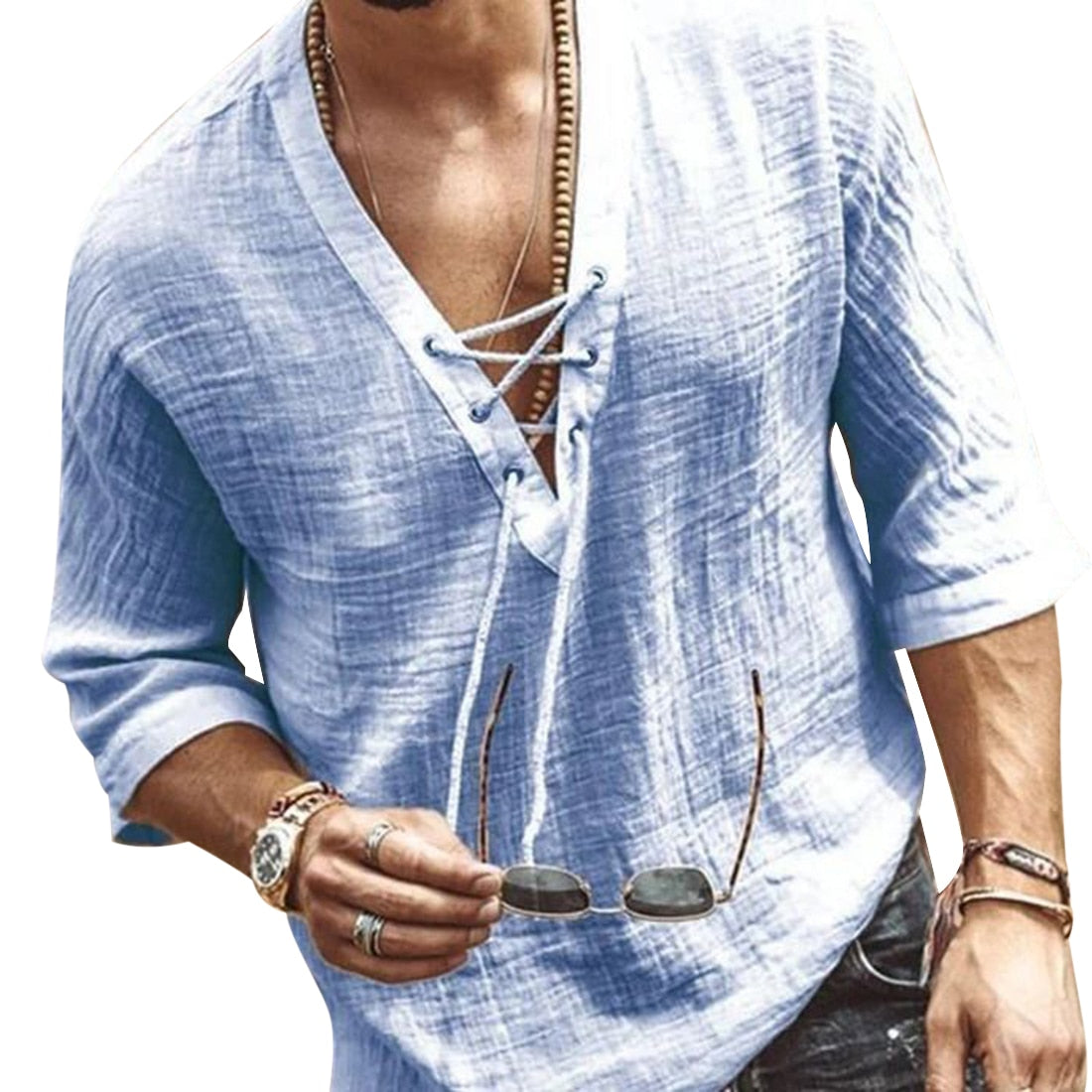 Men's Lace Up V Neck Shirt Relaxed Fit Solid Color - Casual Wear