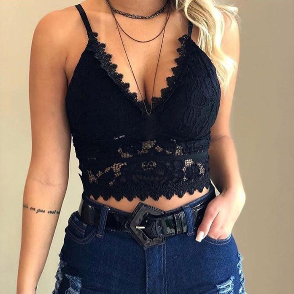 Women's Floral Lace Bralette V-Neck Crop Top - Casual Wear