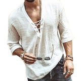 Men's Lace Up V Neck Shirt Relaxed Fit Solid Color - Casual Wear