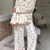 Women’s Red Heart Print Muslin Pajama Set - Loungewear