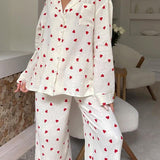 Women’s Red Heart Print Muslin Pajama Set - Loungewear