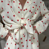 Women’s Red Heart Print Muslin Pajama Set - Loungewear