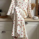 Women’s Red Heart Print Muslin Pajama Set - Loungewear