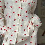 Women’s Red Heart Print Muslin Pajama Set - Loungewear