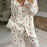Women’s Red Heart Print Muslin Pajama Set - Loungewear