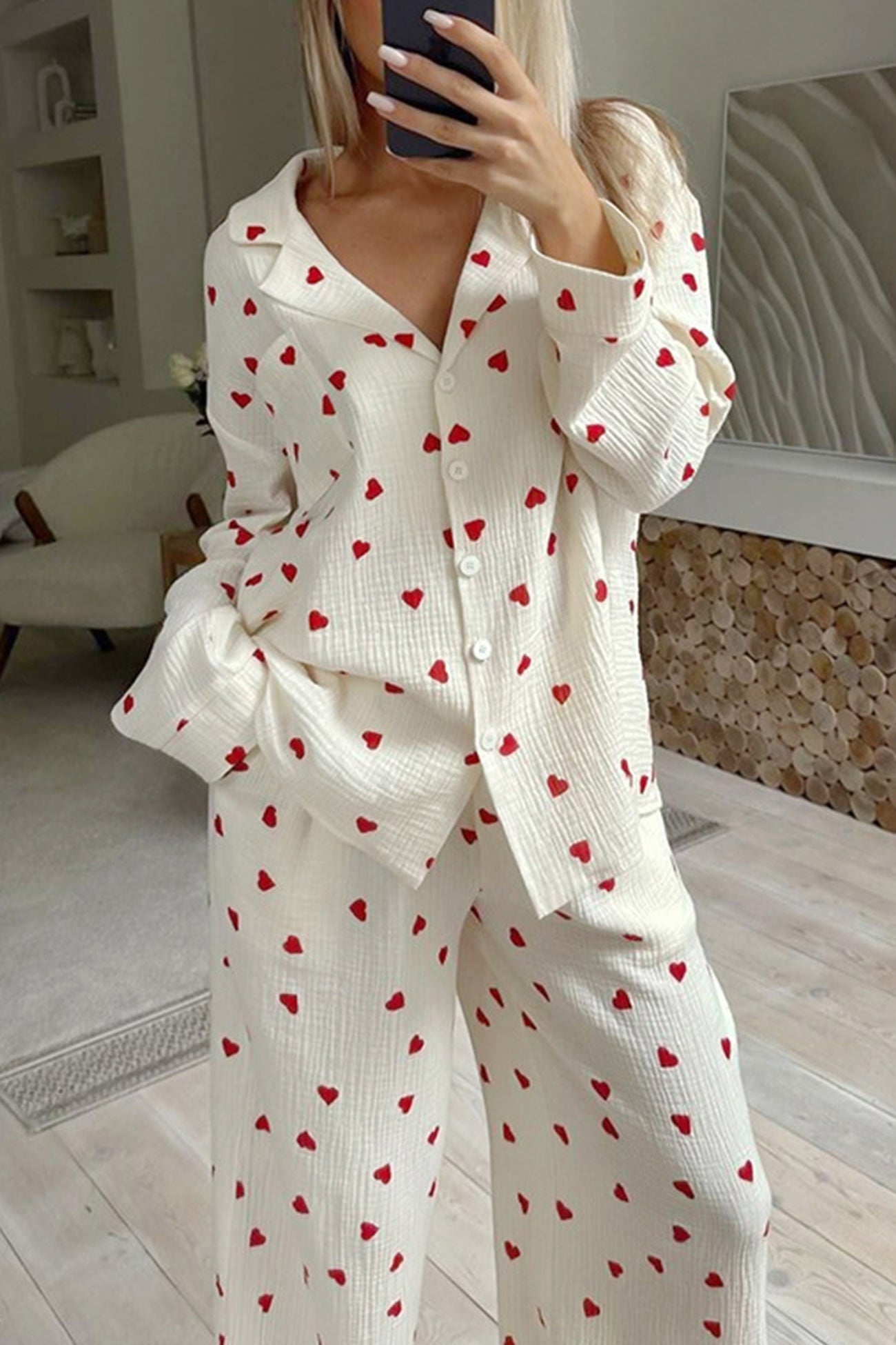 Women’s Red Heart Print Muslin Pajama Set - Loungewear