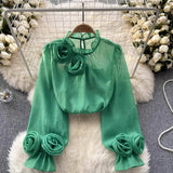 Women's Sheer Blouse 3D Rosette Detail Lantern Sleeve - Formal Occasion