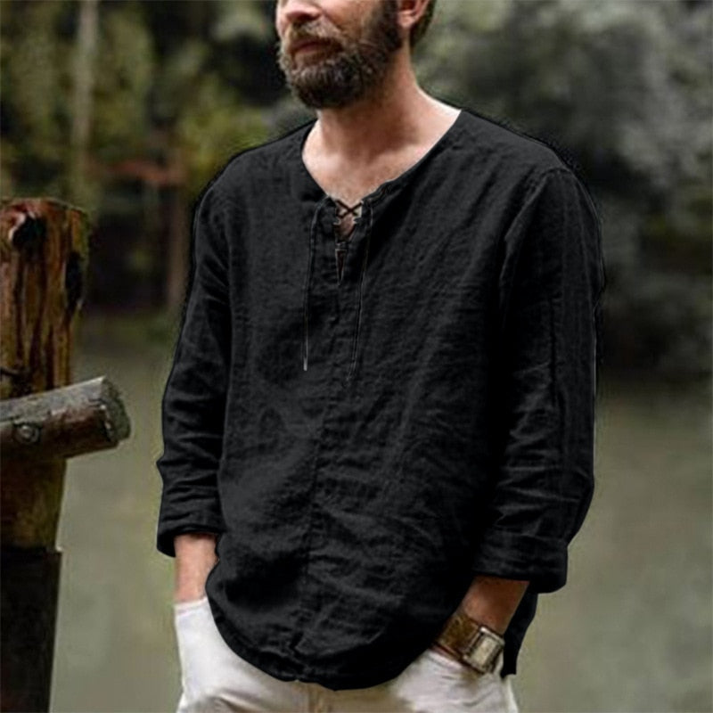 Men's Tunic Shirt Lace-Up Neck Long Sleeve - Casual Wear