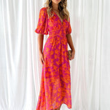 Women's Midi Dress Floral Print Puff Sleeve - Garden Party