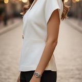 Women's Wrap Blouse Cap Sleeve Gold Hardware - Office Wear