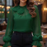 Women's Sheer Blouse 3D Rosette Detail Lantern Sleeve - Formal Occasion