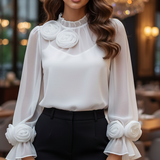 Women's Sheer Blouse 3D Rosette Detail Lantern Sleeve - Formal Occasion