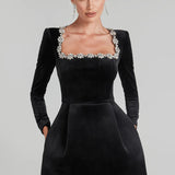 Women's Long Sleeve Mini Dress Floral Neckline - Evening And Date Night Wear