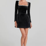 Women's Long Sleeve Mini Dress Floral Neckline - Evening And Date Night Wear
