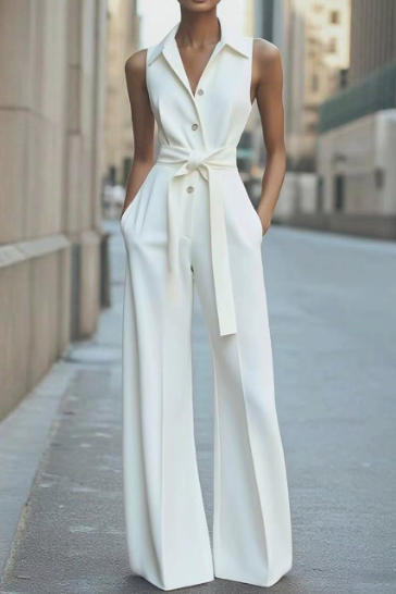 Women's Sleeveless Jumpsuit Belted Wide-Leg - Modern Evening Wear