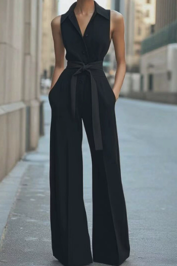 Women's Sleeveless Jumpsuit Belted Wide-Leg - Modern Evening Wear