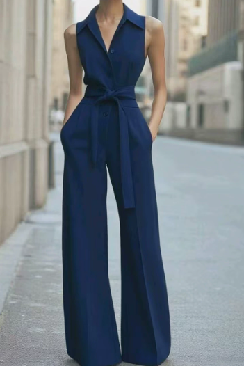 Women's Sleeveless Jumpsuit Belted Wide-Leg - Modern Evening Wear