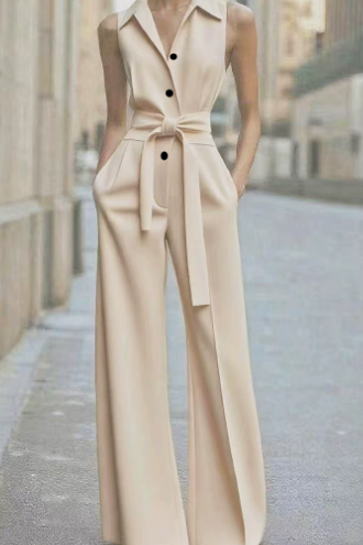 Women's Sleeveless Jumpsuit Belted Wide-Leg - Modern Evening Wear