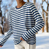 Women's Long Sleeve Shirt Striped Crew Neck - Casual Everyday Wear