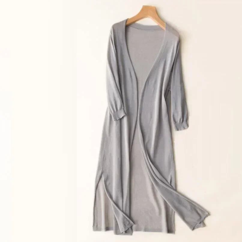 Women's Long Cardigan Knitted Side-Slit - Spring/Summer Wear