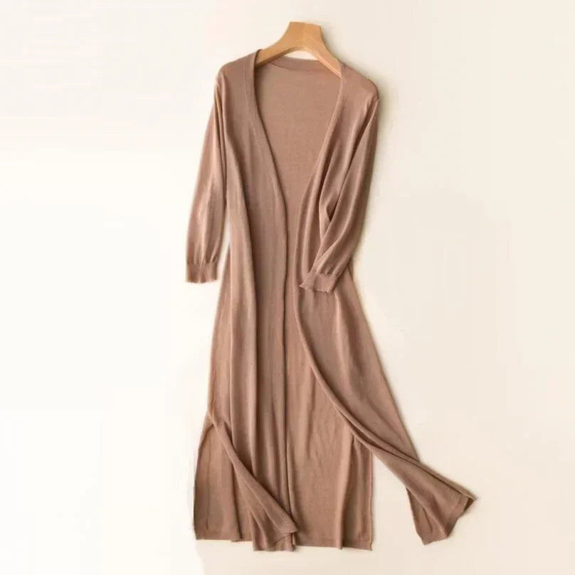 Women's Long Cardigan Knitted Side-Slit - Spring/Summer Wear