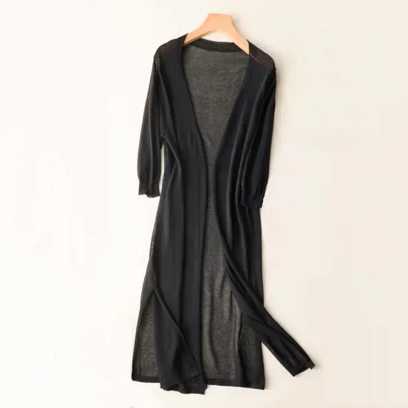 Women's Long Cardigan Knitted Side-Slit - Spring/Summer Wear