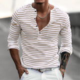 Men's Henley Shirt Striped Long Sleeve - Casual Wear