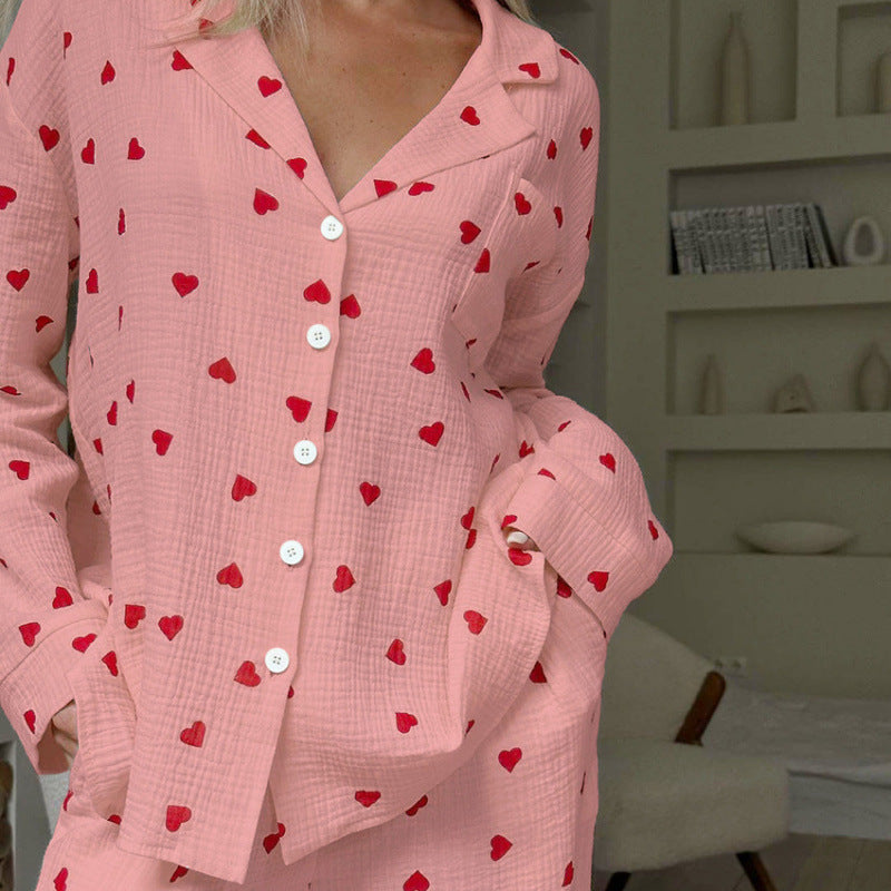Women’s Red Heart Print Muslin Pajama Set - Loungewear