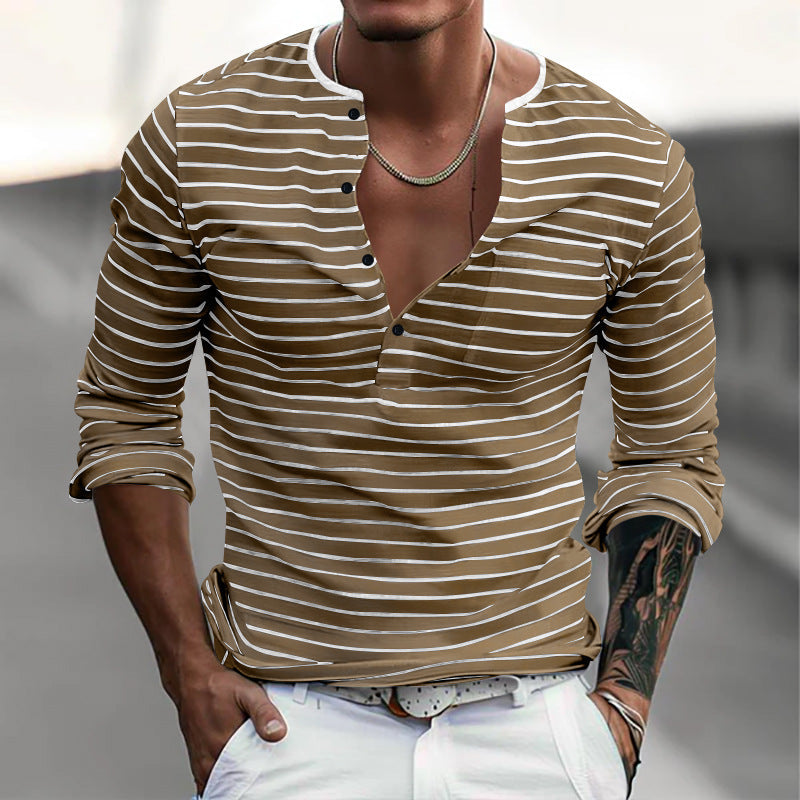 Men's Henley Shirt Striped Long Sleeve - Casual Wear