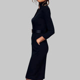 Women's Sheath Midi Dress Belted Waist Stand Collar - Office Evening Wear