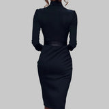 Women's Sheath Midi Dress Belted Waist Stand Collar - Office Evening Wear