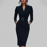 Women's Sheath Midi Dress Belted Waist Stand Collar - Office Evening Wear