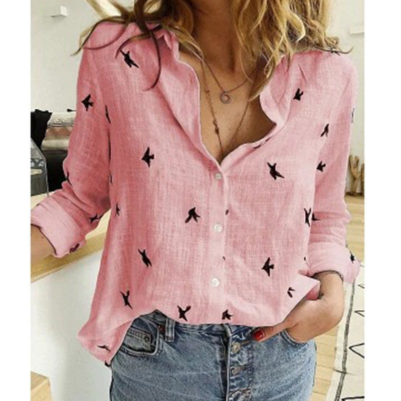 Women's Button-Up Blouse Bird Print - Casual Wear
