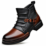 Men's Ankle Boots Two-Tone Leather Buckle Strap - Casual Fashion