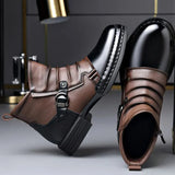 Men's Ankle Boots Two-Tone Leather Buckle Strap - Casual Fashion
