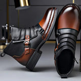 Men's Ankle Boots Two-Tone Leather Buckle Strap - Casual Fashion