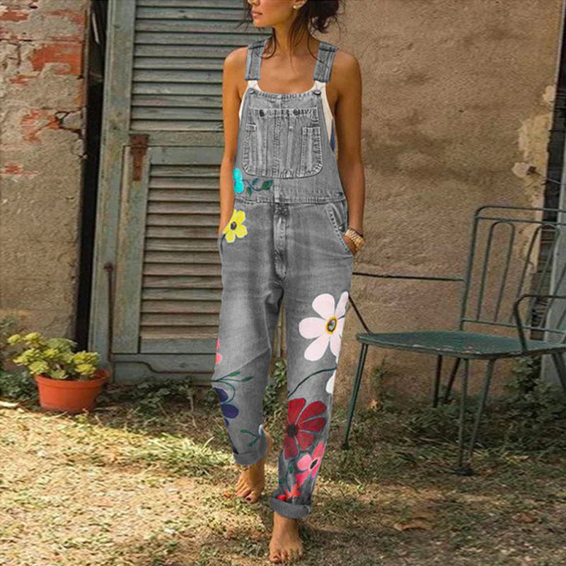 Women's Denim Overalls Floral Print Relaxed Fit - Casual Summer Wear