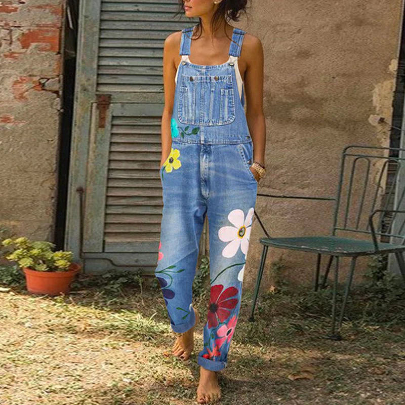 Women's Denim Overalls Floral Print Relaxed Fit - Casual Summer Wear