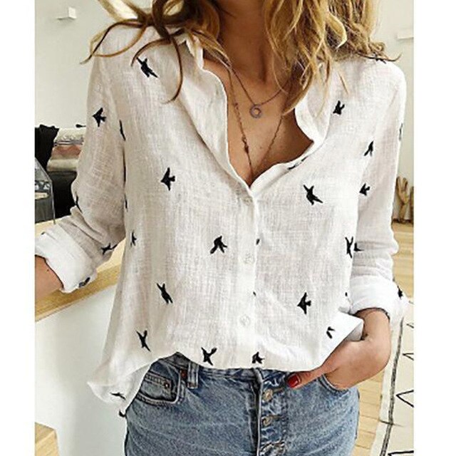 Women's Button-Up Blouse Bird Print - Casual Wear